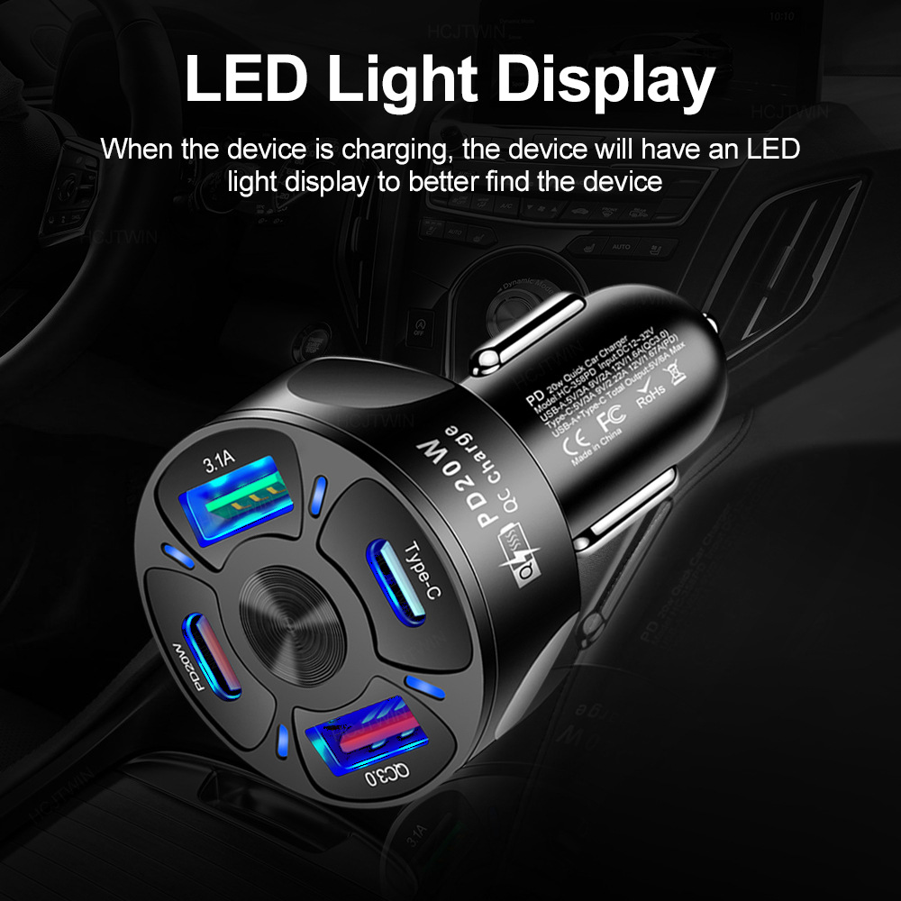 PD 20W + Type-c Qc3.0 USB 3.1A Fast Charge Car Charger Car Charger One for Four Multi-Port Car Charger