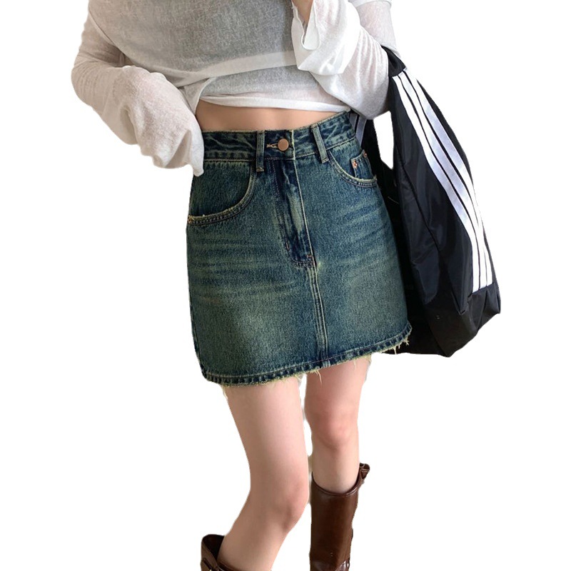 Youmanti American Hot Girl Denim Skirt 2023 Autumn New A- line Skirt High Waist Slimming Package Hip Skirt