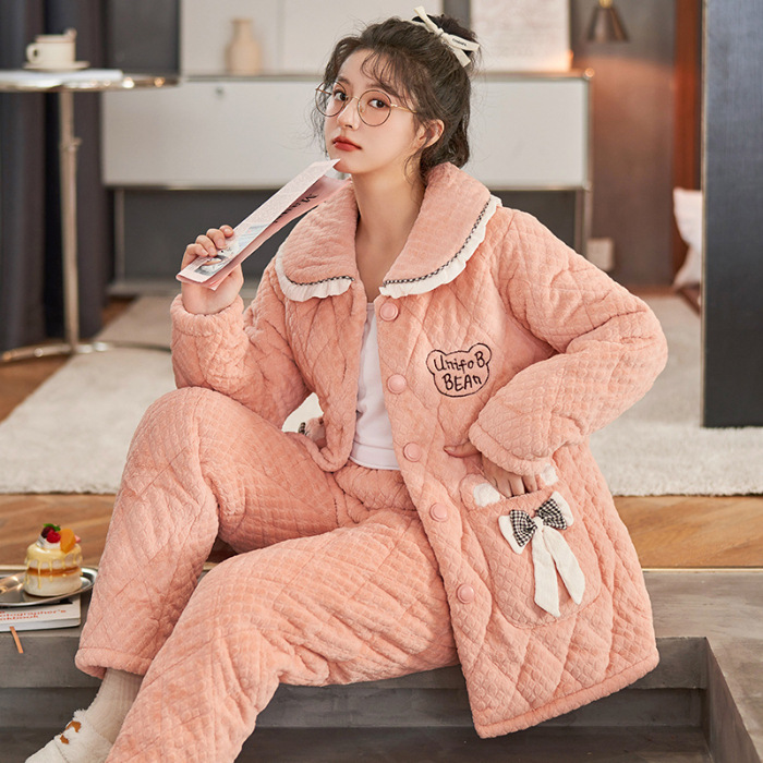 秋冬睡衣女珊瑚绒冬季三层夹棉袄款加厚加绒冬天保暖家居服可外穿