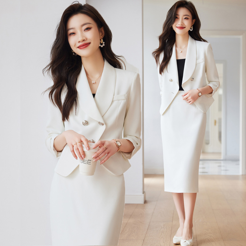 白色西装套装女春秋高端职业装主持人正装两件套裙美容师工作服女