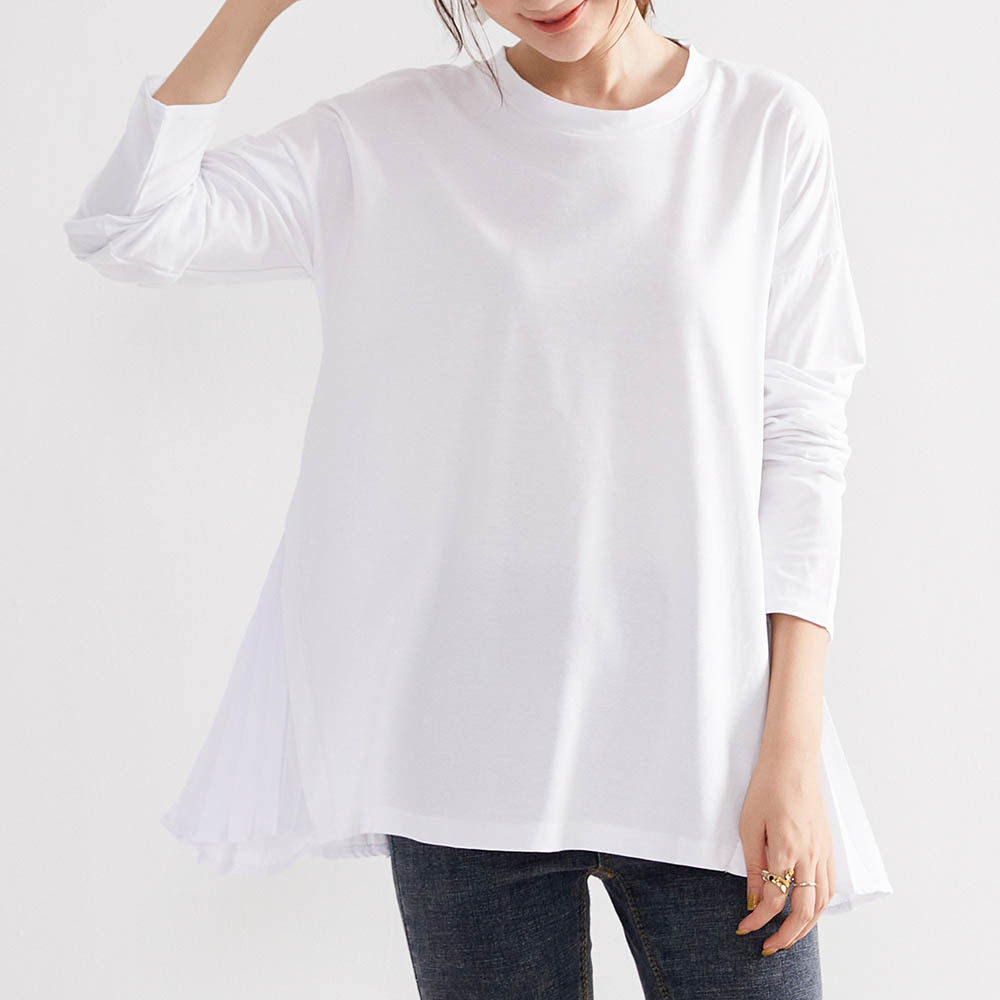 现货实拍日系女装白色宽松型棉休闲百搭百褶长袖套头t恤女1147003