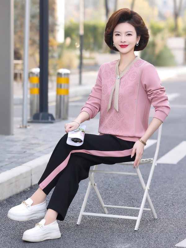 Suit for Middle-Aged Moms Spring and Autumn New Fashionable Stylish Loose Casual Two-Piece Suit Middle-Aged and Elderly Long-Sleeved Top for Women