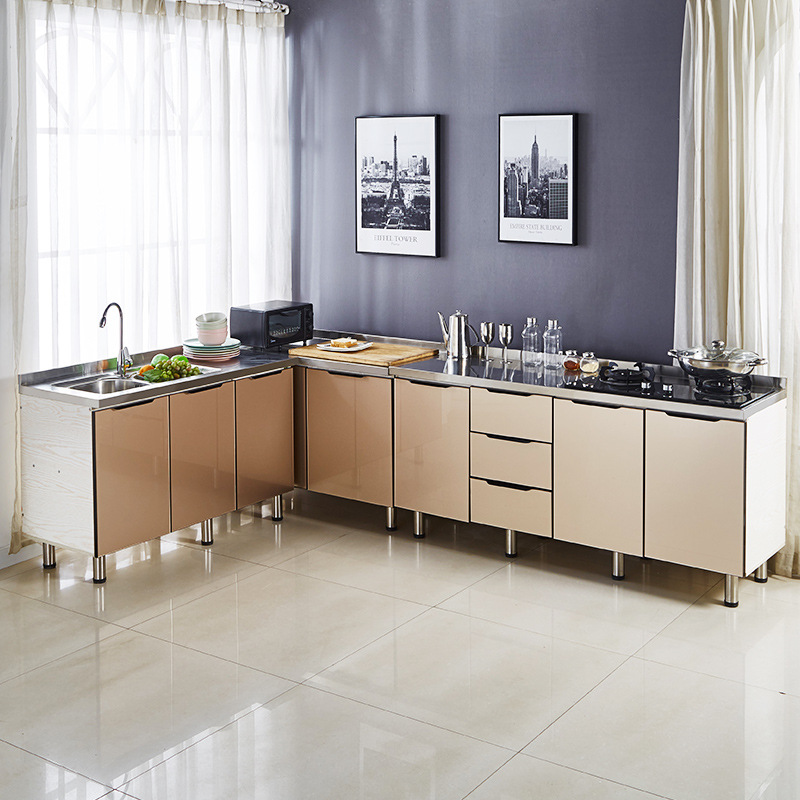 餐边柜现代简约厨房储物带门置物柜整体不锈钢灶台柜橱柜一体