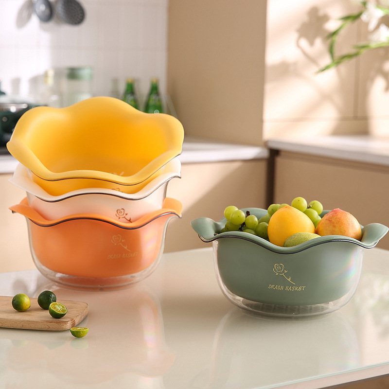 Creative Petals Double-Layer Drain Basket Household Multi-Functional Washing Vegetable Basket Fruit Basket Pet Double-Layer Vegetable Basket Vegetable Washer Basket