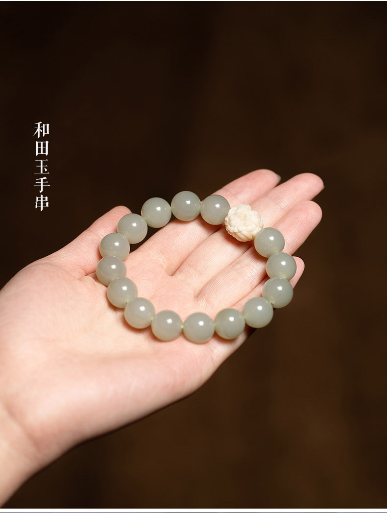 和田玉晴水玉手串12mm单圈diy女款搭配狮子头珠手链佛珠简约饰品