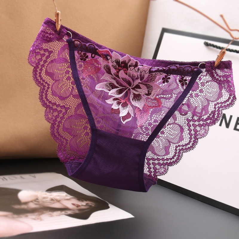 女士无痕透明火辣诱惑内裤女挑逗调情刺绣牡丹花无痕蕾丝三角裤