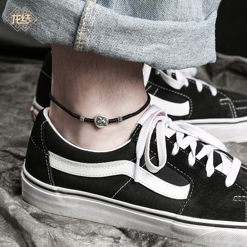 龙结男士貔貅脚链夏季潮男学生s925纯银脚环手工个性设计刻字脚饰