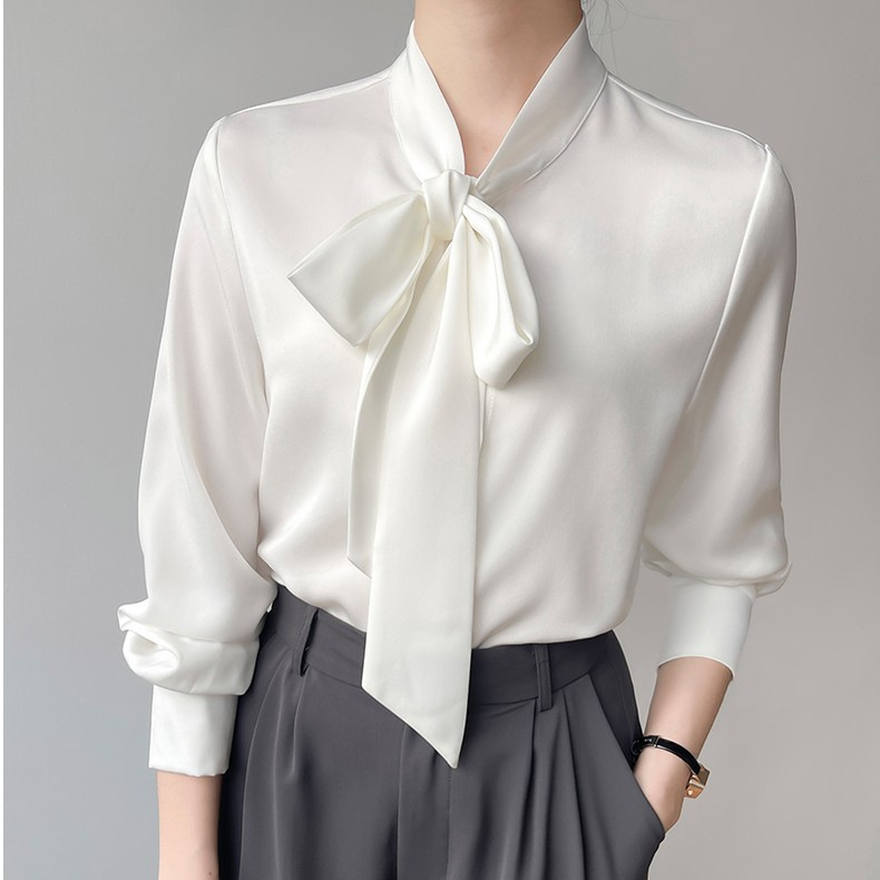 蝴蝶结衬衫夏季新款飘带职业气质时尚设计感白女衬衣-阿里巴巴