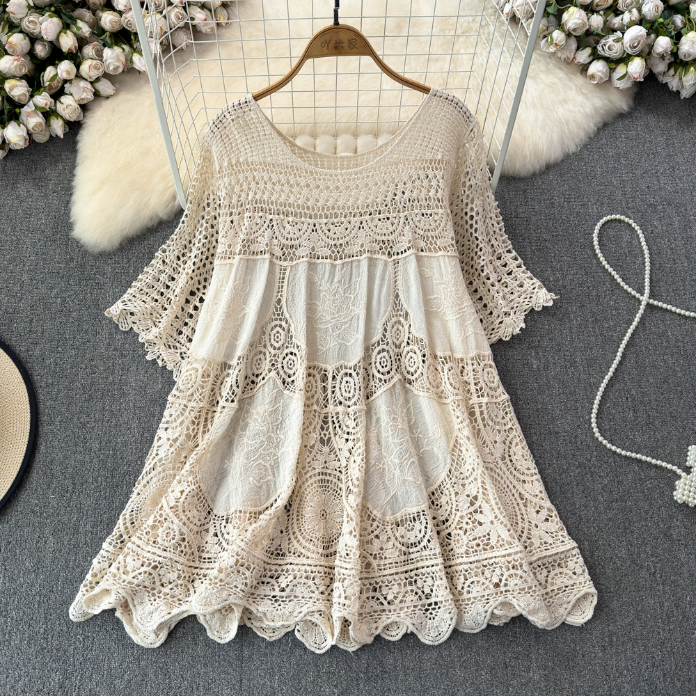 法式勾花镂空针织衫女夏季微胖mm宽松气质中长款海边度假度连衣裙
