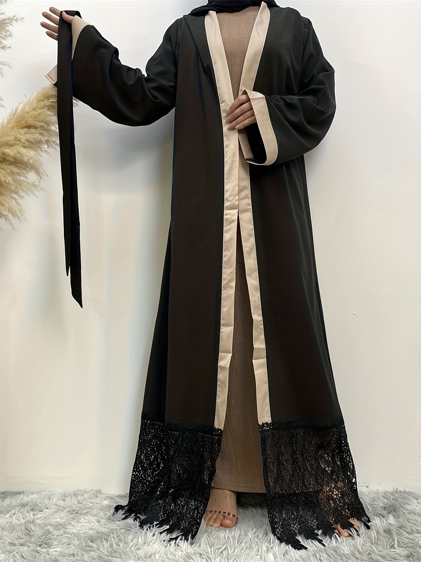 尚新款巴基斯坦沙特女服饰开衫长袍蕾丝伊斯兰穆斯林时尚详情6