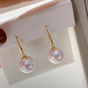 18k金天然珍珠经典款耳钩 正圆无暇极光淡水珍珠耳环8-9mm含礼盒