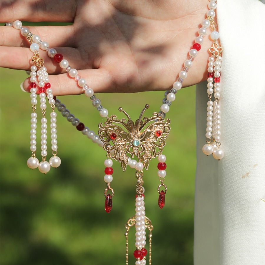 古风长款璎珞复古珍珠吊坠坦领唐风汉服配饰明制长流苏背云项链女