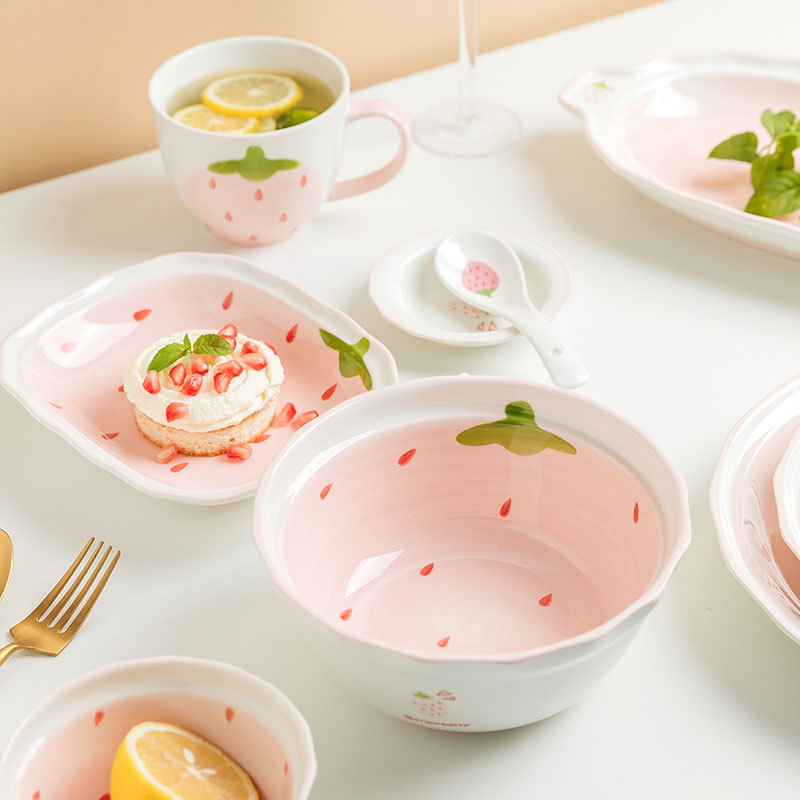 Small Strawberry Bowl Ceramic Bowl Plate Bowl Set Cute Bowl Girl Heart Tableware Children‘s Bowl Soup Bowl