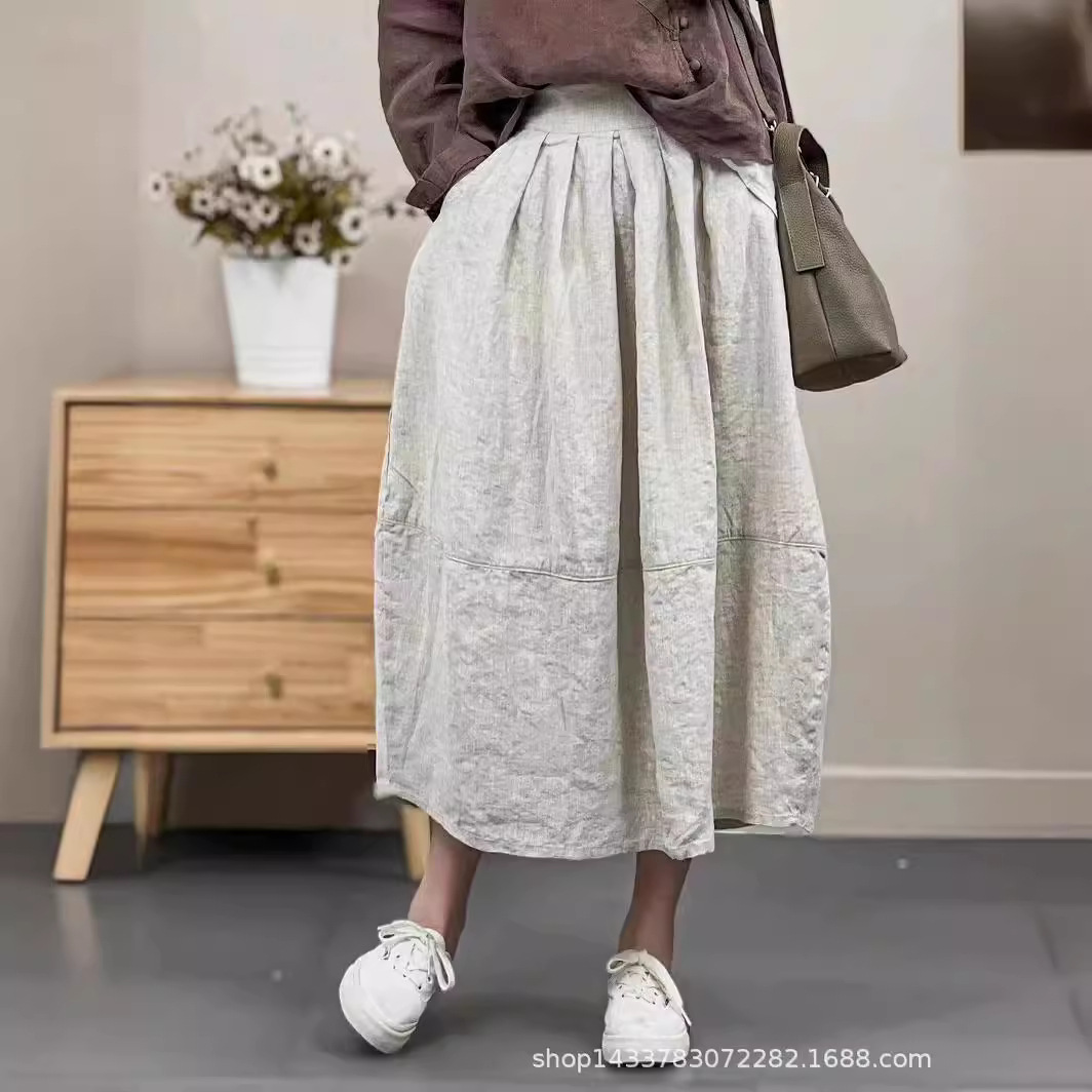 文艺气质松紧腰拼接亚麻花苞半身裙女春夏新款轻薄透气百搭中长裙