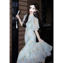 新中式旗袍改良年轻款少女气质国风蓝色印花鱼尾连衣裙子女夏