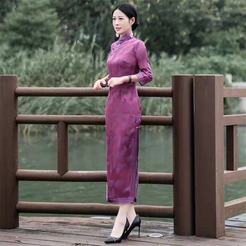 芷珊旗袍修身年会秋冬新款京派开襟纯手工旗袍高开衩民族风旗袍