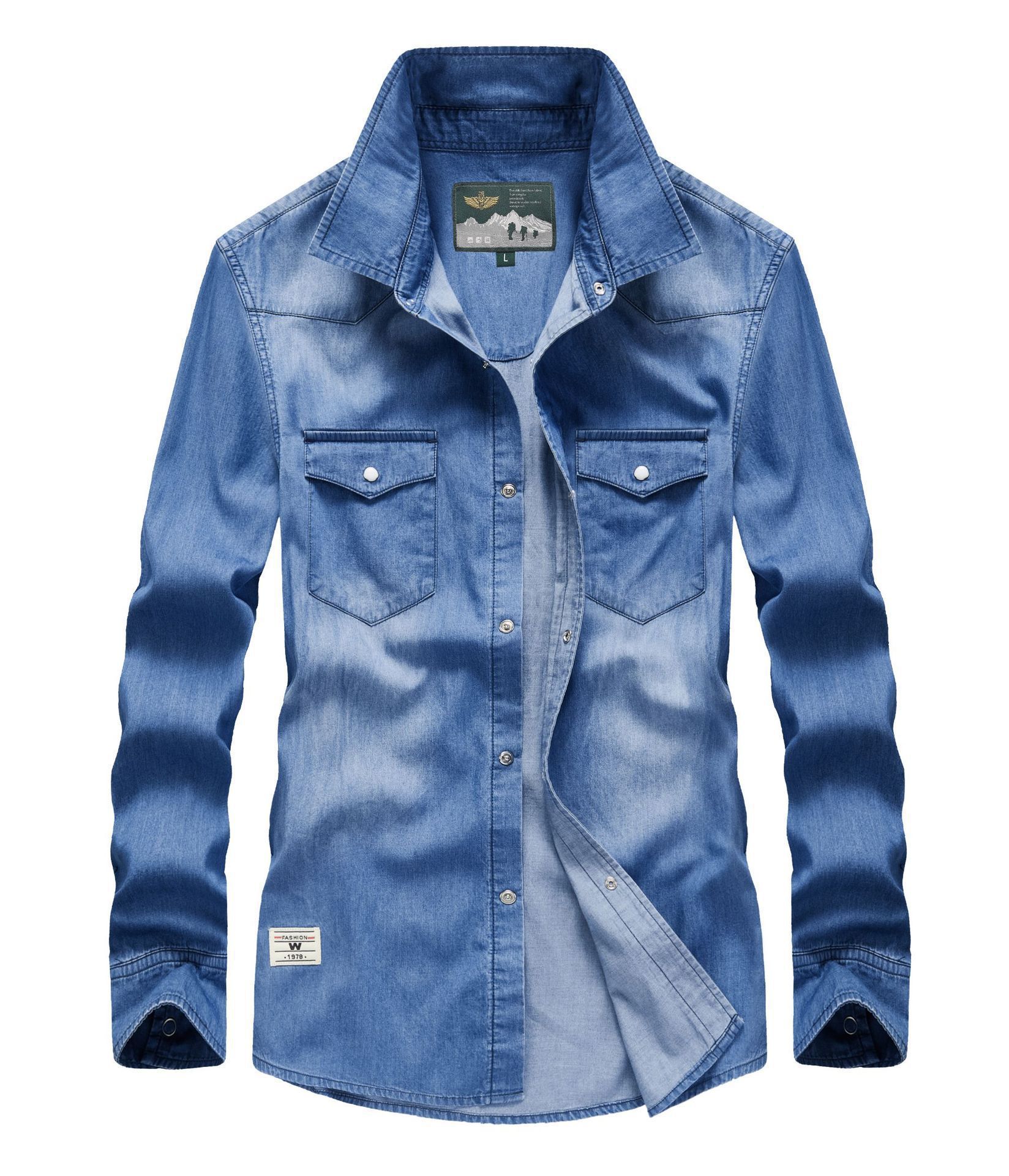 春秋男士青年牛仔衬衫男长袖休闲纯棉宽松衬衫跨境硬汉军装上装潮