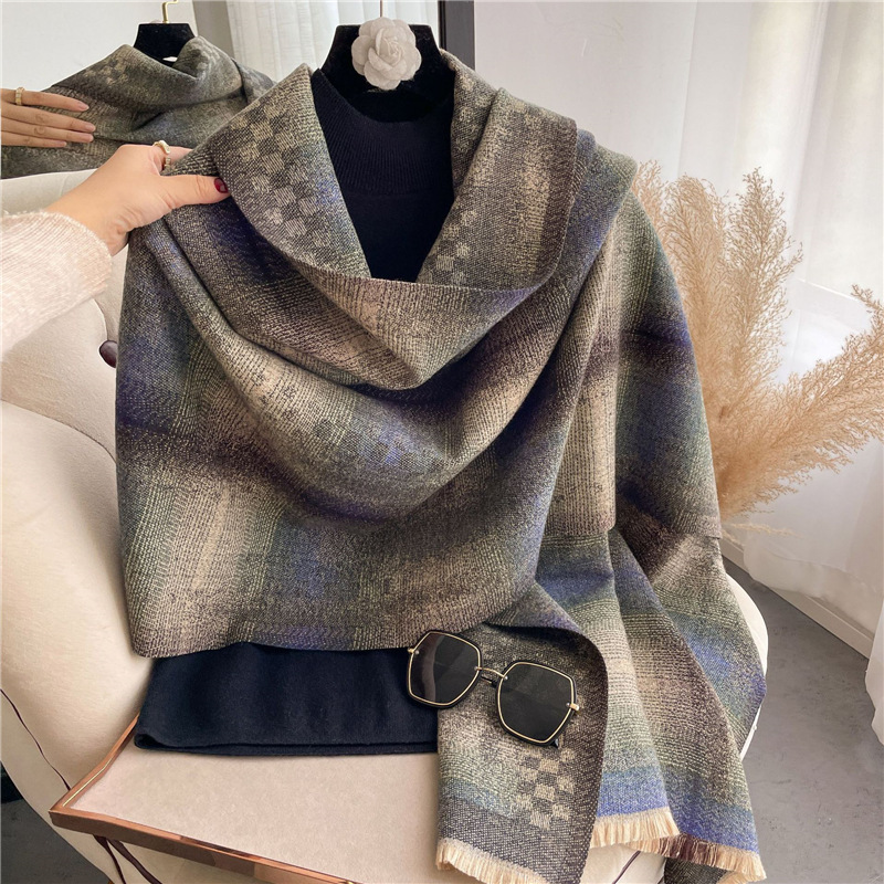 New Fashion Gradient Color Artificial Cashmere Scarf Women's Winter Transition Color Thickened Double-Sided Air Conditioning Shawl Scarf Outer Wear