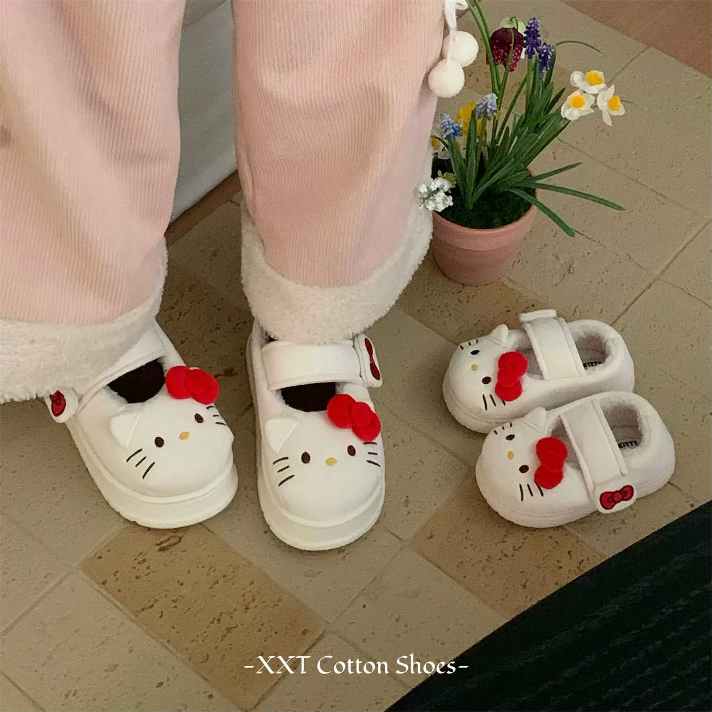 正版HelloKitty猫软厚底秋冬可爱玛丽珍棉鞋女士学生魔术贴豆豆鞋