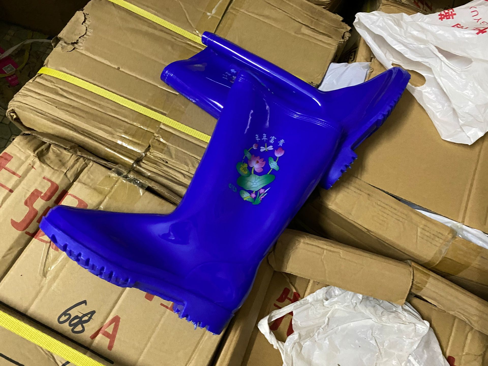 先强609女士高级荷花雨靴 中高筒蓝色纯胶无内里水洗速干户外水鞋