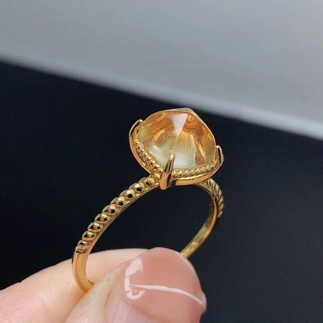 天然糖塔黄水晶戒指气质欧美个性925银镶嵌女戒情人节礼物代发