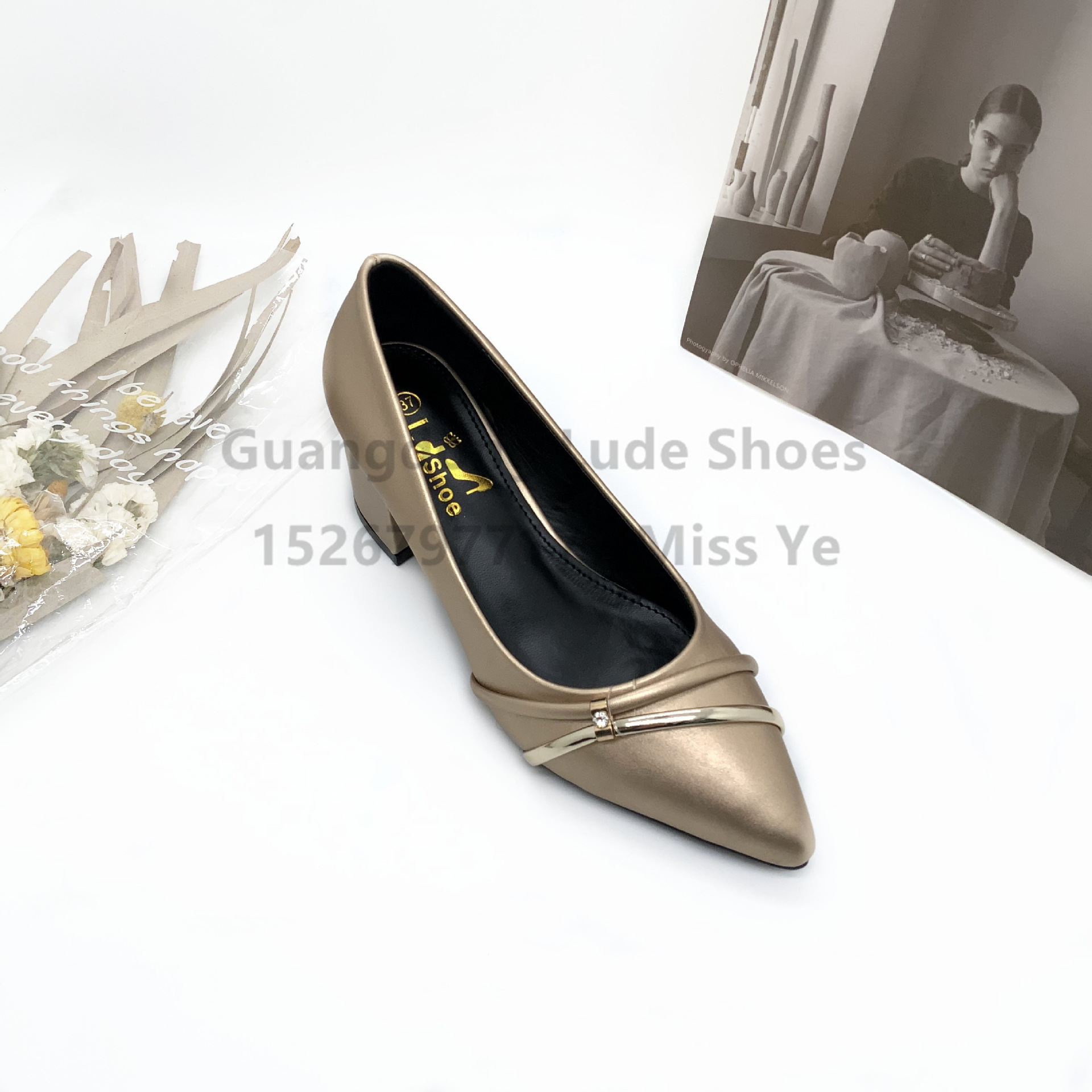 new women‘s high heels fashion shoes chunky heel pointed-toe fashion lady mature guangzhou women‘s shoes handcraft shoes