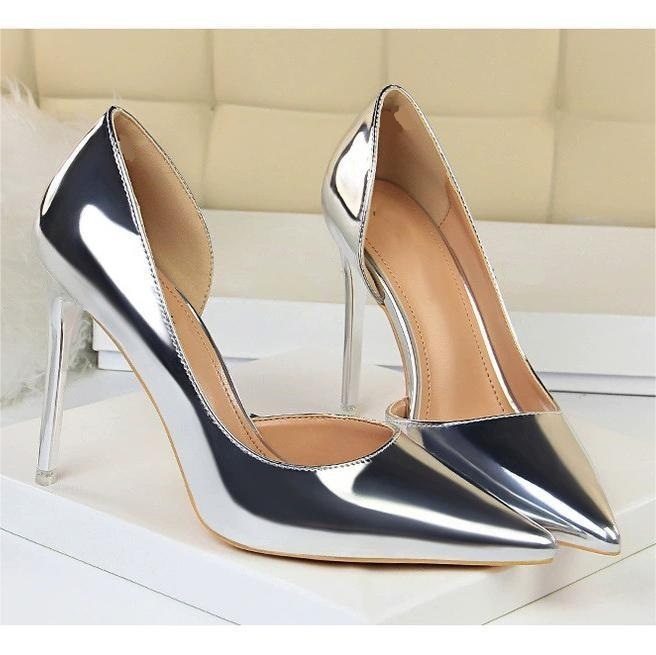 跨境银色高跟鞋批发2024春夏新款欧美皮鞋尖头侧空细跟时装单鞋女-阿