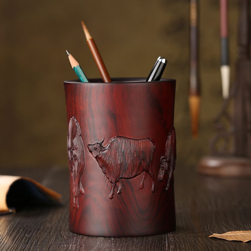 尼泊尔紫檀红木笔筒木雕摆件 实木雕刻工艺品中式原木质文房四宝