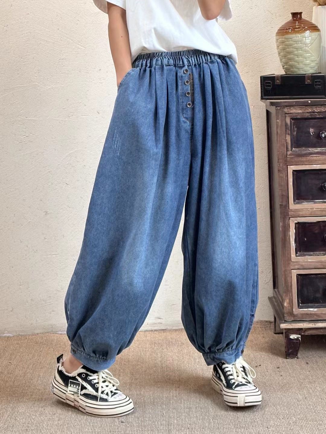 2023春季新款 水洗磨白牛仔灯笼裤 九分裤休闲裤子