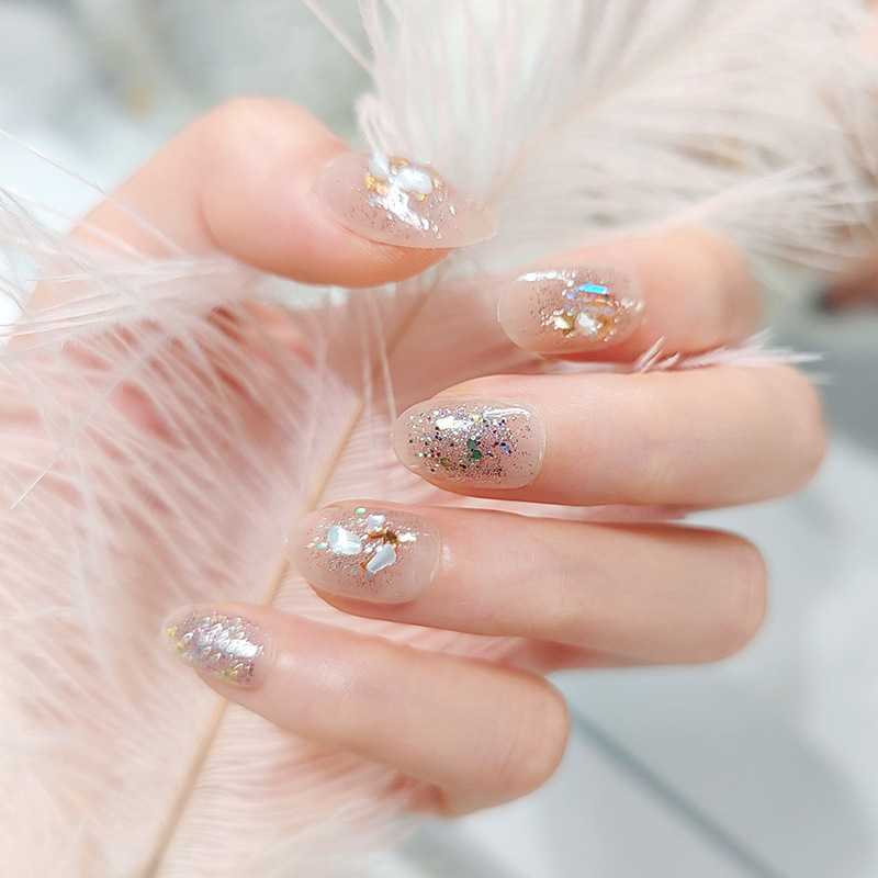 春秋款爆闪贝壳美甲甜美温柔风短款椭圆形穿戴甲可拆卸成品假指甲