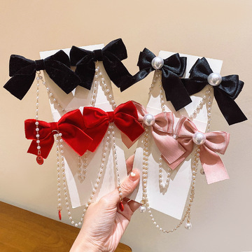 女童过年发饰红色蝴蝶结儿童发夹珍珠流苏额连喜庆对夹小女孩头饰