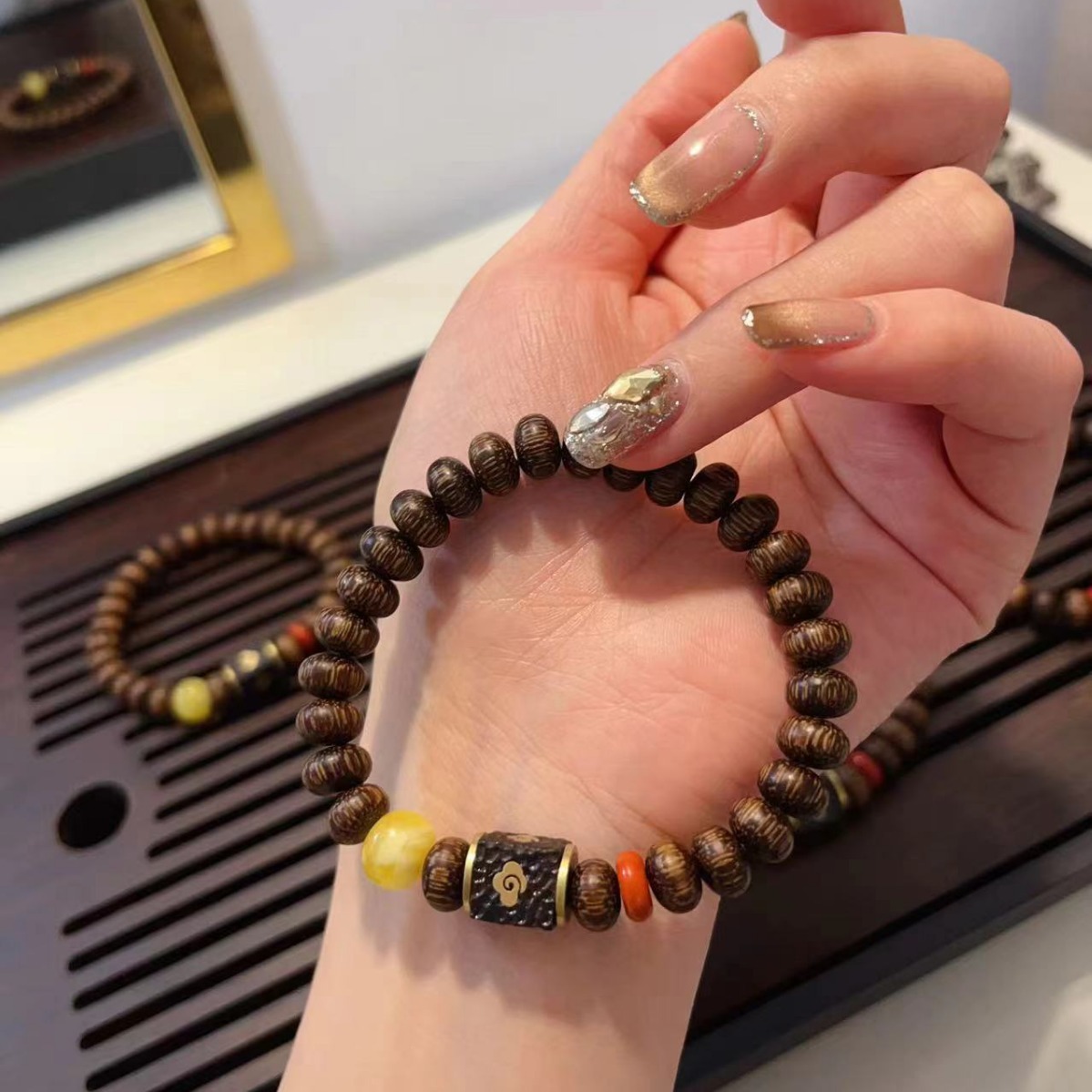 厂家批发印度沉香手串搭配锤纹黑檀配饰文玩手饰佛珠-阿里巴巴