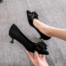 法式单鞋女3cm小跟气质伴娘5cm细跟蝴蝶结绒面低跟尖头黑色高跟鞋