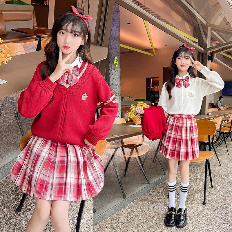 女童红色开衫毛衣三件套儿童中大童秋季衬衫jk套装女孩学院风校服