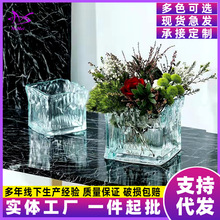 冰川纹方缸创意正方形水培绿植物铜钱草花盆白掌绿萝水养玻璃花瓶