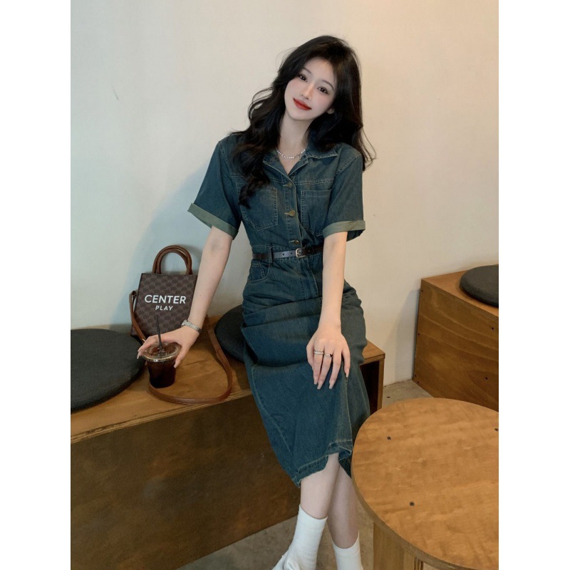 牛仔连衣裙女装夏季设计感气质女神范港味复古chic长裙子-阿里巴巴