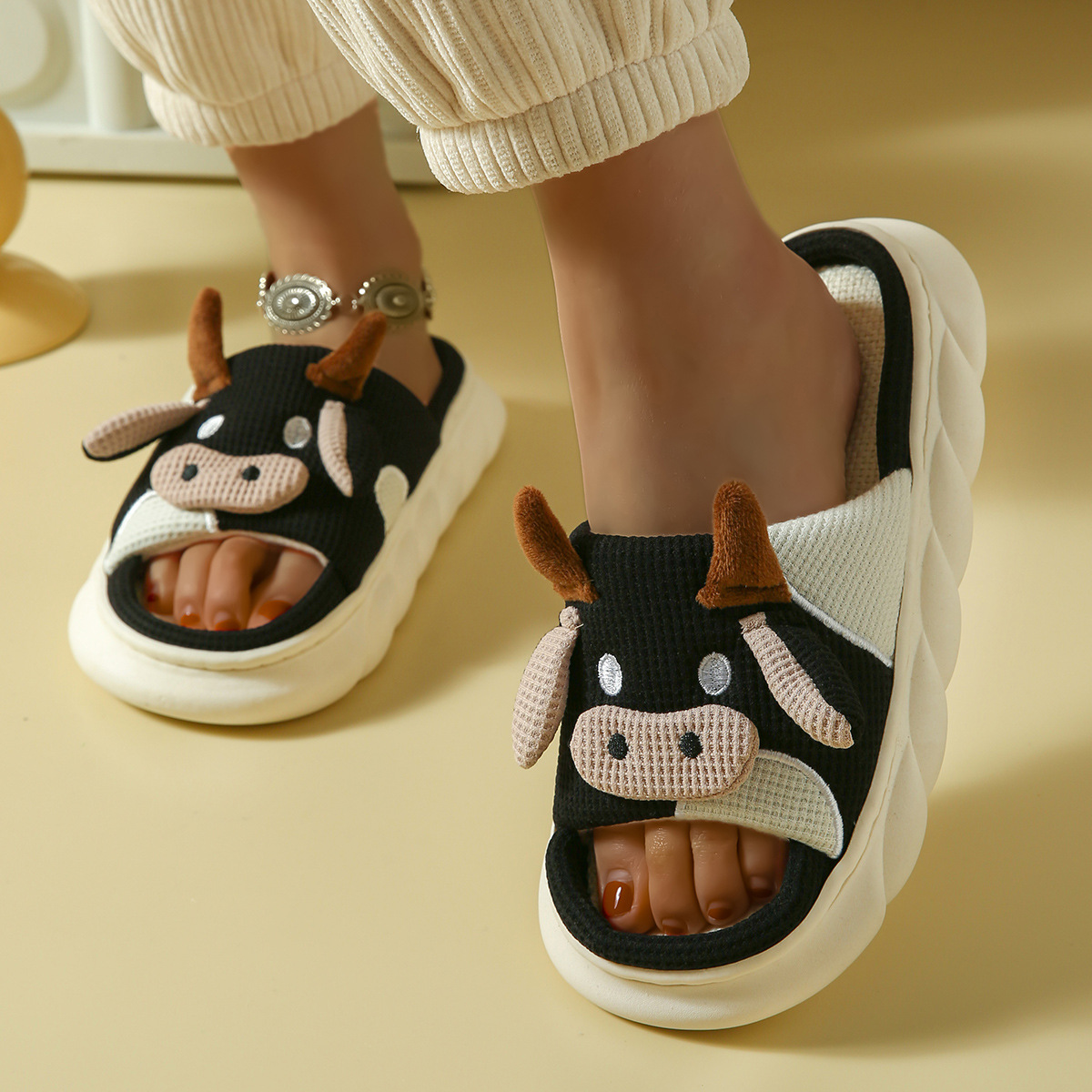 Cow Linen Slippers All-Season Cute Frog Couple Girl Heart Home Foreign Trade Cross-Border Cow Custom Slippers
