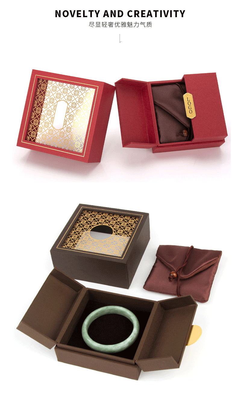 现货古法金手镯盒 翡翠手链包装盒 传承抽拉绒布袋手镯盒定logo