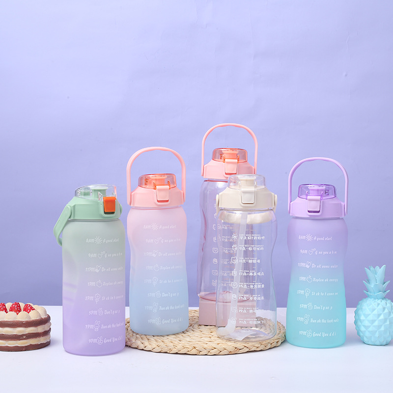 Large Capacity Plastic Gradient Kettle Transparent Straw Water Bottle Drop-Resistant Cup Summer Trending Men and Women Sports Space Pot