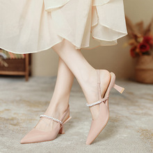 法式尖头鞋女夏季新款仙女性感时尚细高跟水钻一字带包头后空凉鞋