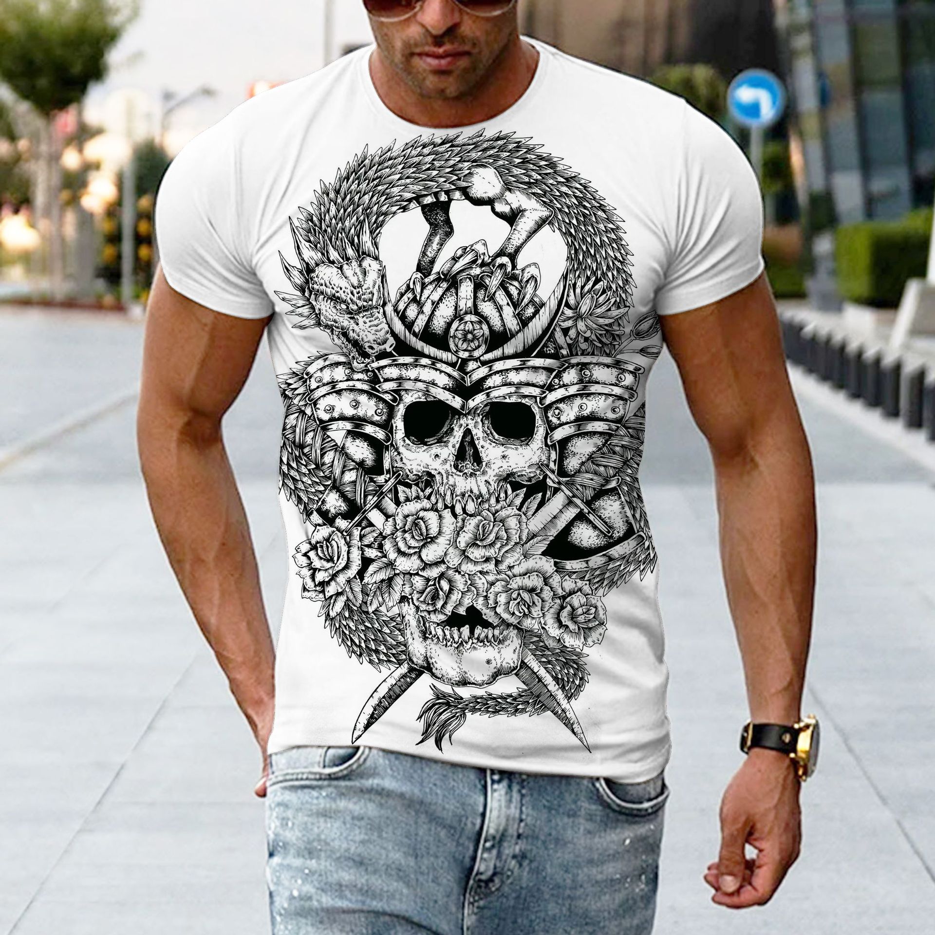 夏季短袖男式圆领t恤霸气个性休闲贴纸烫画暴力动物恐怖3dt恤服饰