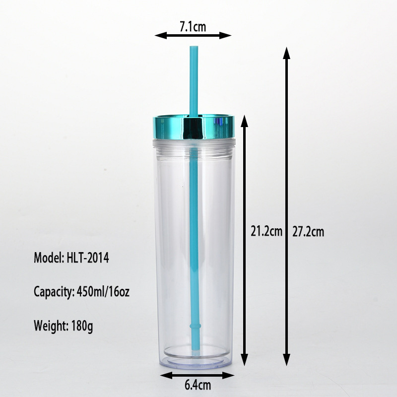 Spot Goods 16Oz Double Plastic Straw Cup Simple Skinny Straight Tube Can Be Set Rose Gold Plating Lid Water Cup