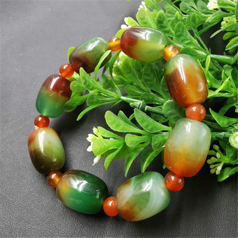 孔雀绿玛瑙手链 红玛瑙桶珠手串男女款绿玉髓水晶玉石手串