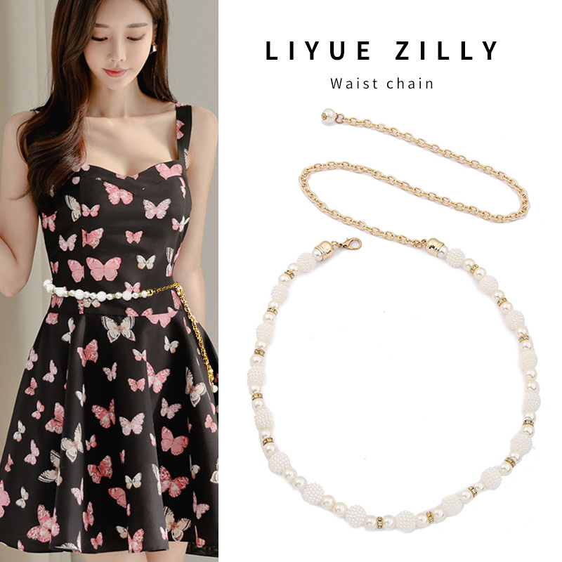 simple pearl waist chain korean style women‘s clothing accessories metal chain thin belt dress matching waistband women