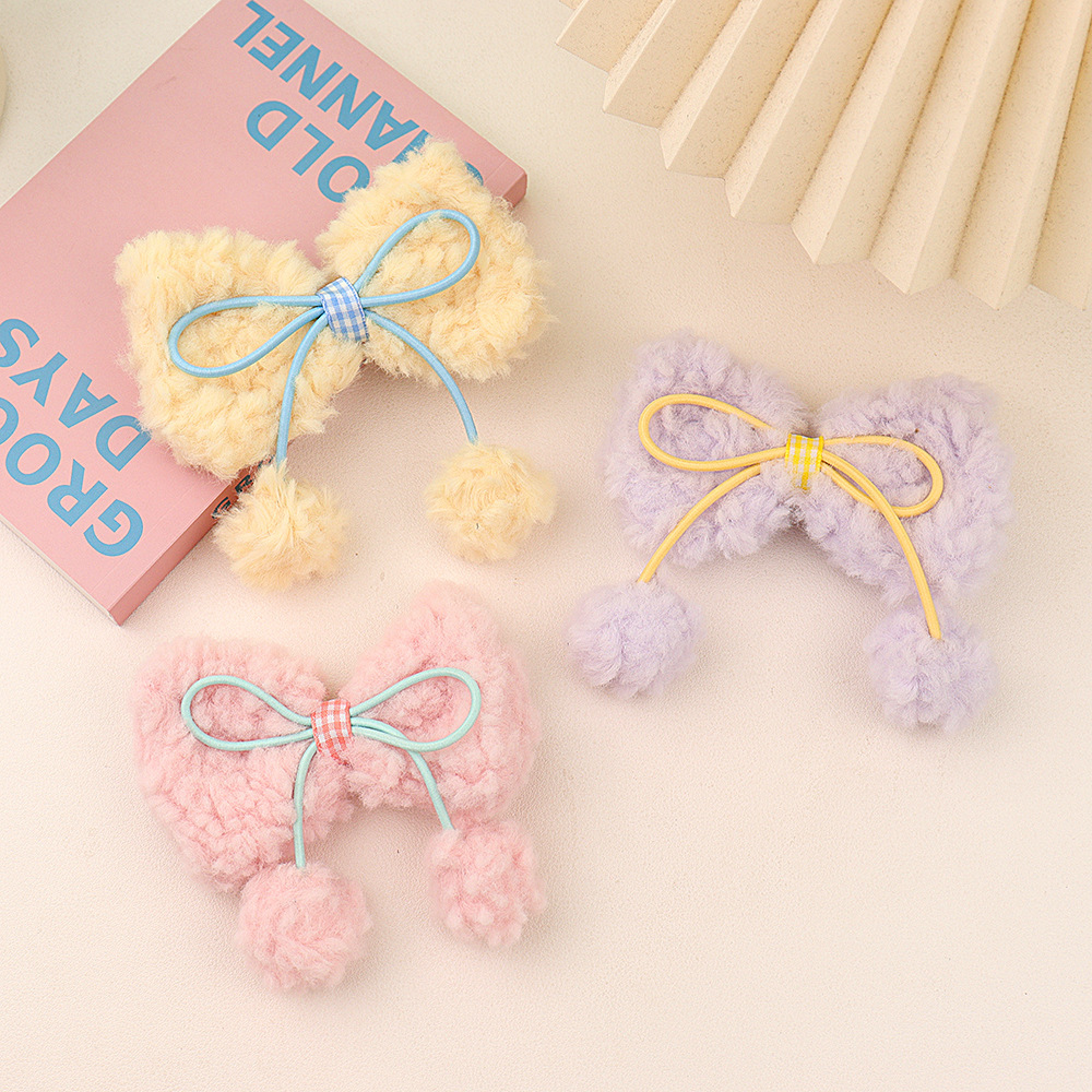 软萌羊羔毛樱桃蝴蝶结发夹兔毛球球发卡甜美百搭顶夹发饰头饰新款