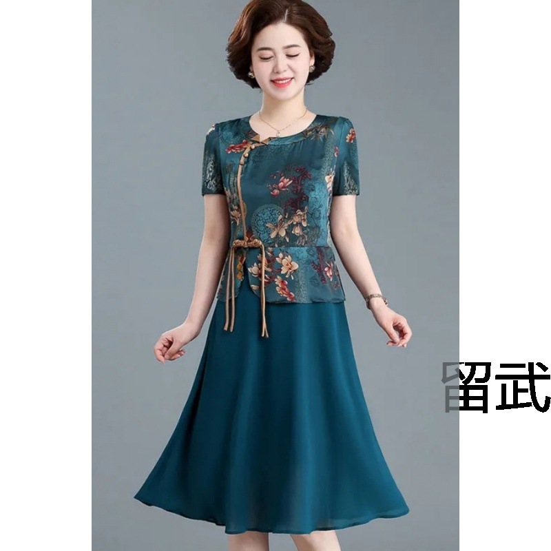 lw小个子妈妈夏装高档裙子中年女雪纺连衣裙中老年人遮肚复古旗袍