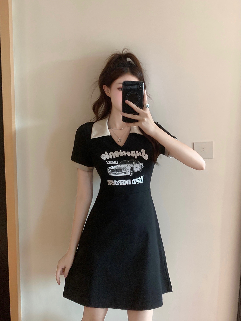 Dress Women's Tight Waist Summer Plump Girls plus Size Contrast Color T-shirt Skirt Mid-Length Polo Collar Long Dress Women