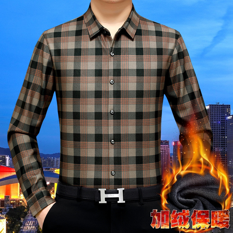 2023秋冬季保暖衬衫男士加厚中年条纹加绒衬衣男式长袖上衣批发