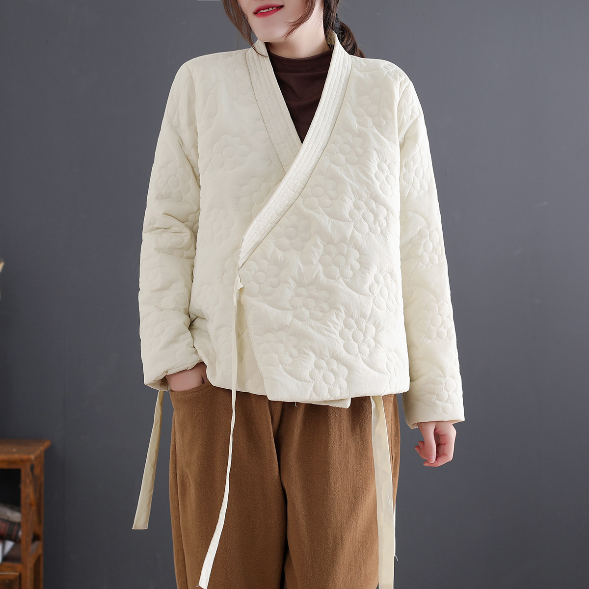 冬季文艺复古棉衣女装斜襟小花绗线棉服大码宽松偏襟绑带显瘦棉袄