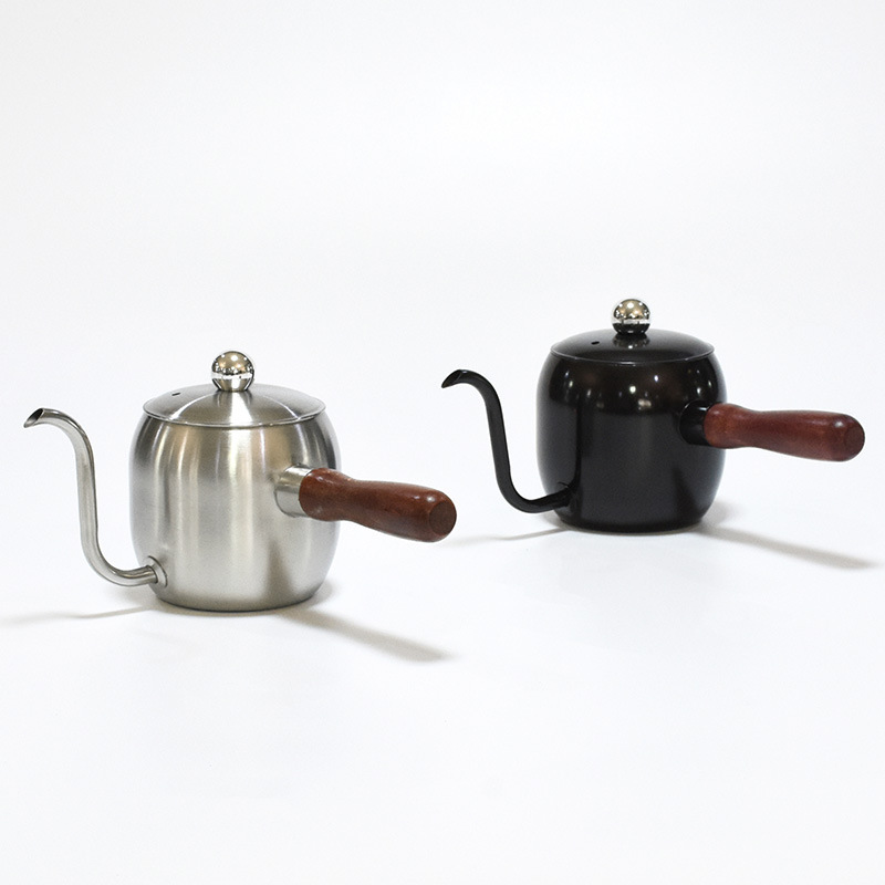 Hz482 Stainless Steel 304 Ear-Hanging Coffee Pot 500ml Wooden Handle Long Mouth Kettle Teflon Black Hand Wash Pot